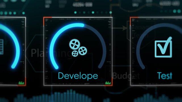 Agile project management, project life cycle, futuristic software interface (3d render)
