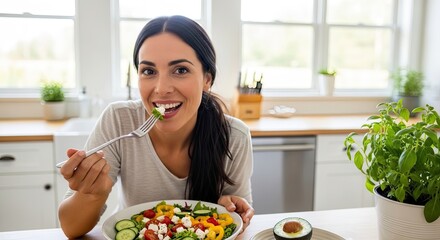 A woman eating a colorful salad in a kitchen.