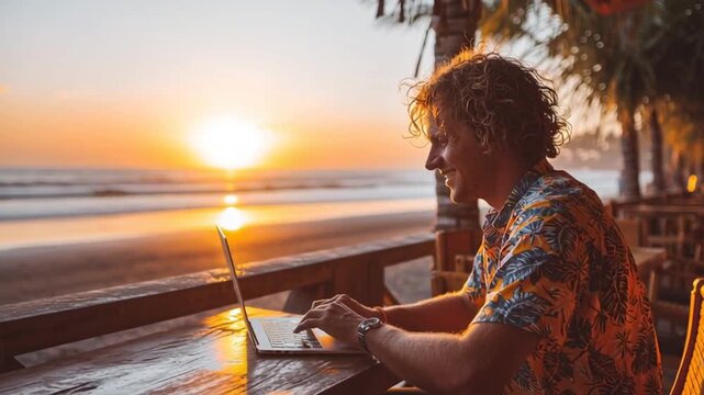 digital nomad working on laptop at beachfront cafe in bali