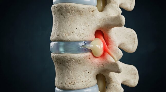 3D rendering of a human lumbar spine showing a herniated disc compressing a spinal nerve, causing pain and discomfort.