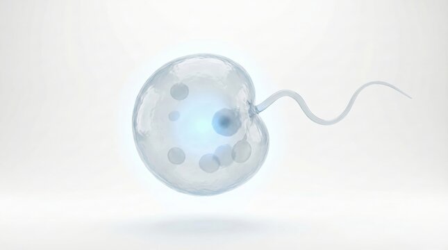 A microscopic view of a sperm cell with its tail propelling it forward in a clear, luminous environment.
