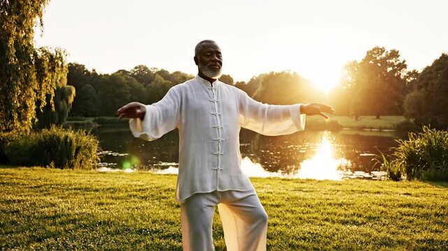 Senior man practices tai chi exercise outdoors at sunset near water