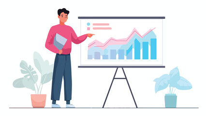 Obraz premium A man in a pink sweater presents a bar and line graph with plants