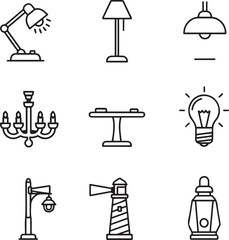 Collection of nine black and white line depicting various light sources and structures lighting lamp