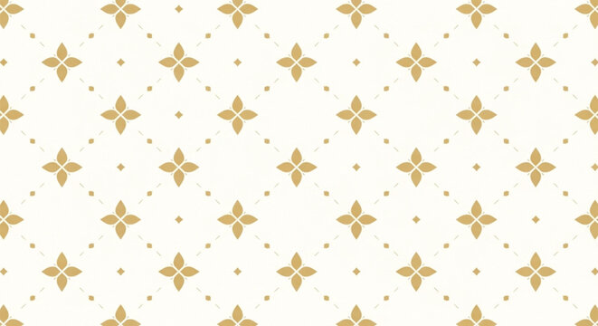 Seamless pattern of gold geometric floral shapes on a beige background. The flowers are evenly spaced, conveying elegance and simplicity.