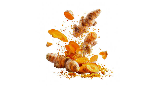Fresh turmeric root pieces and powder flying in the air isolated on a white background