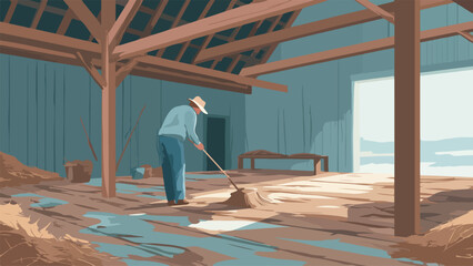 Fototapeta premium Person sweeping inside a rustic barn with wooden beams and a dirt floor