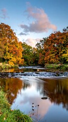 Scenic autumnal river scene with colorful trees and a flowing, reflective body of water