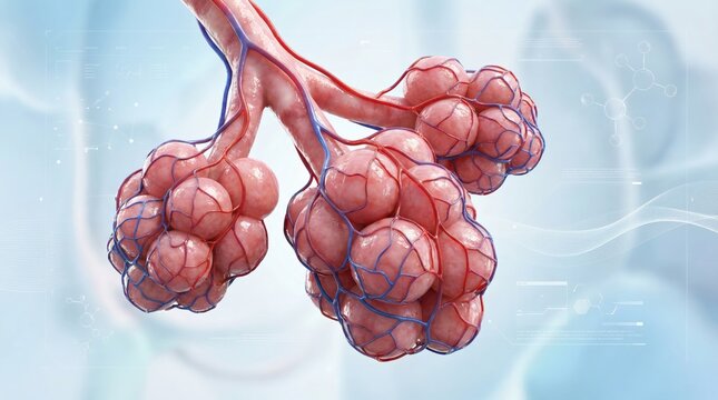 Detailed 3D rendering of human alveoli and bronchioles, illustrating the microscopic structure of the respiratory system and gas exchange.