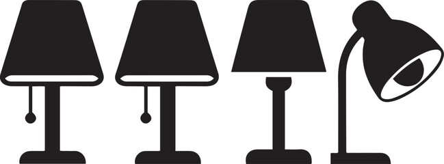 Four black silhouette desk lamps and table lamps on white background light lighting
