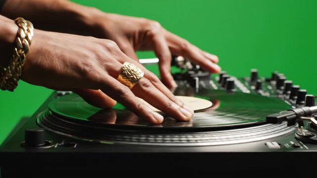 Hand on a turntable with gold jewelry on a green background 4k video