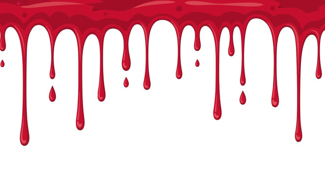 Dripping red blood border, liquid paint drips on white background, seamless horizontal splatter pattern for horror and halloween design, eps vector