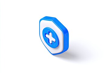 A 3D blue and white shield icon with a plus sign, casting a shadow on white