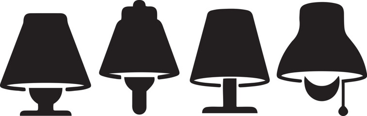 Four black silhouette of table lamps with different bases and shades white