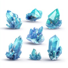 Fototapeta premium Digital rendering of seven stylized, luminous, blue-toned crystal clusters