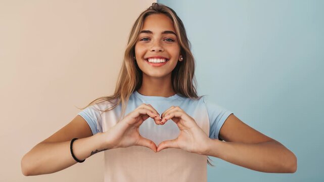 Beautiful young woman showing heart gesture with hands expressing love and affection positive emotion smiling happiness