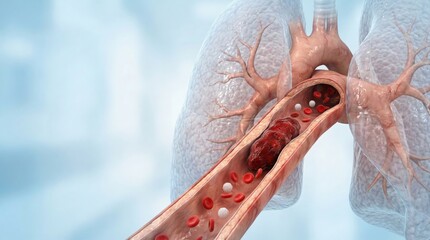 Fototapeta premium Illustration of a pulmonary embolism, showing a blood clot obstructing blood flow within a lung artery.