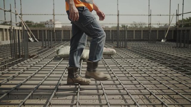Worker legs walking on steel rebar grid at construction site. Industrial scene depicting labor and safety standards. Perfect for building and engineering concepts.