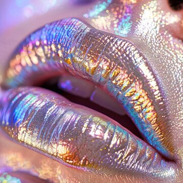 Closeup of lips with holographic lipstick.