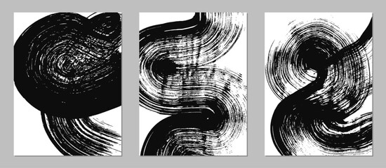 Set of vector abstract backgrounds. Black ink brush strokes, patterns, posters, cover.