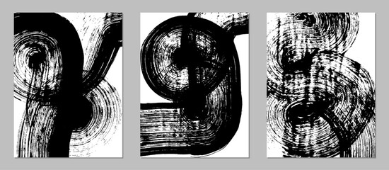 Set of vector abstract backgrounds. Black ink brush strokes, patterns, posters, cover.