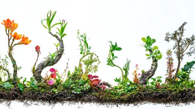 A row of plants growing from a soil bed against a white background.