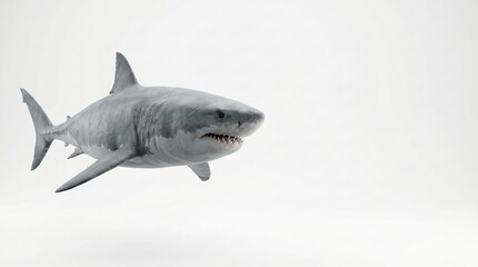 Fototapeta premium A realistic 3D render of a great white shark swimming in a bright white environment.