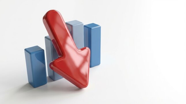 Glossy red arrow pointing downwards positioned against blue bar graph columns on a clean white backdrop
