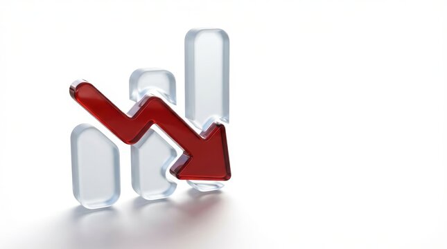 A glossy red arrow descends sharply through three clear glass like vertical bar graph segments on a clean white backdrop