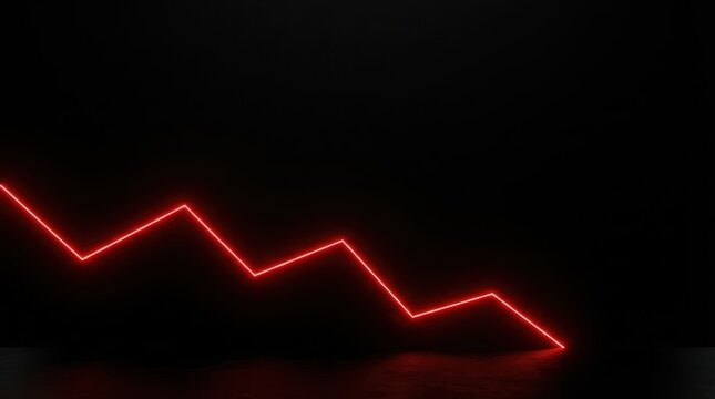 Glowing red neon line depicting a fluctuating downward trend on a dark reflective black background
