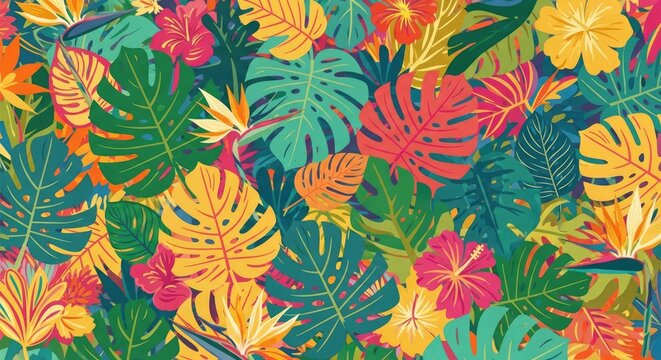 Vibrant Tropical Jungle Pattern Background with Monstera Leaves, Hibiscus Flowers, and Exotic Foliage.