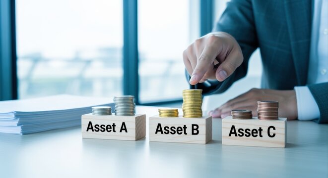 Asset allocation strategy with wooden blocks, coins stacks, financial planning and investment diversification concept