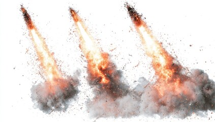 Three fiery explosions erupt from ground, streaking upwards against a white backdrop