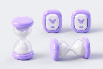 A collection of stylized hourglasses and timer icons in varying poses on a light background