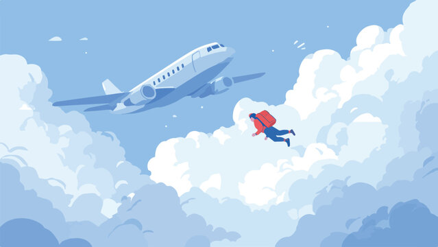 A person with a backpack parachutes near an airplane through a cloudy sky