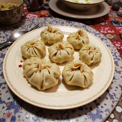 Mongolian food. A plate of traditional buuz dumplings. Juicy, steamed dumplings filled with seasoned meat and onions.