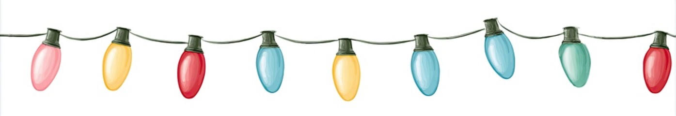 A string of colorful, oval-shaped lights on a wire, against a white background