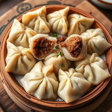 Mongolian food. A plate of traditional buuz dumplings. Juicy, steamed dumplings filled with seasoned meat and onions.