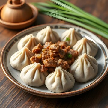 Mongolian food. A plate of traditional buuz dumplings. Juicy, steamed dumplings filled with seasoned meat and onions.