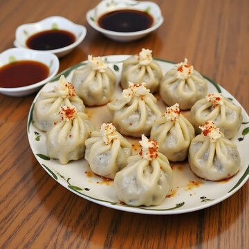 Mongolian food. A plate of traditional buuz dumplings. Juicy, steamed dumplings filled with seasoned meat and onions.