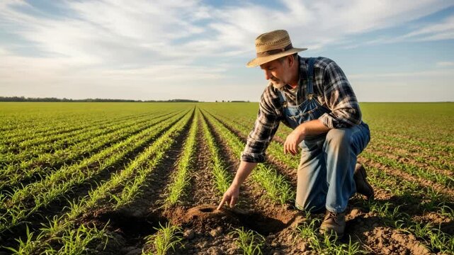 Farmer inspecting crop for parasite control. Man checking young plant in field. Agriculture pest prevention.