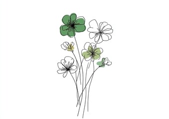 Delicate line art of wildflowers, some with soft green and yellow color accents
