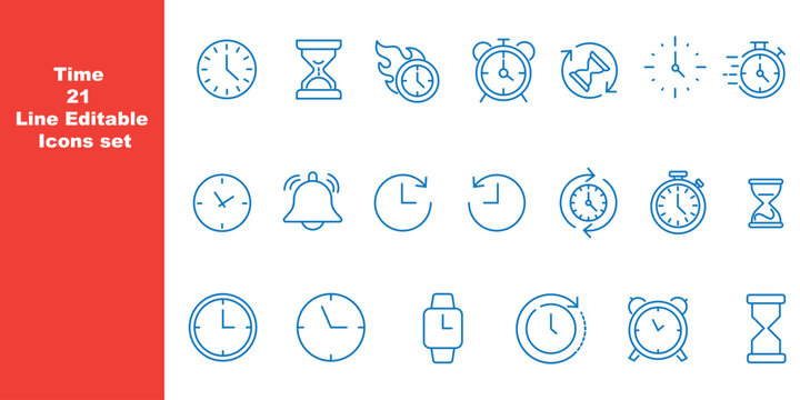 Time and Clock web icons in line style. Calendar, timer, time, stopwatch, countdown, collection. Vector illustration.