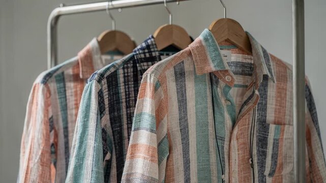 Medium shot of striped woven linen shirts emphasizing airy weave and vibrant summer patterns designed for resort wear and warm weather sophistication.