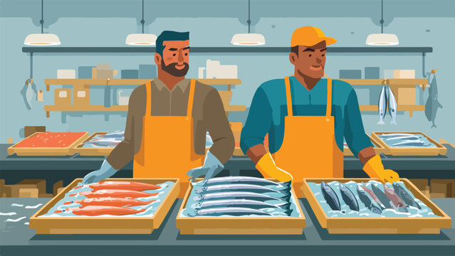 Two fishmongers in orange aprons arrange fresh fish in wooden crates on a counter