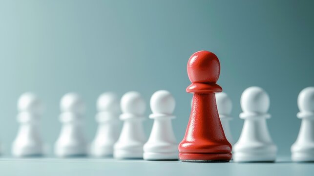 A red chess pawn stands out from a row of white pawns on a light blue background.