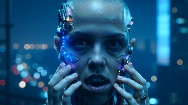 Cybernetic Portrait A bald woman with extensive facial augmentations disassembles her lower jaw in a close-up