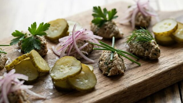 Fresh herb garnished appetizer with pickled cucumber slices and thinly sliced onion on wooden board for tasty burger side dish and snack garnish