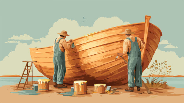 Two workers in overalls apply finishing touches to a wooden boat