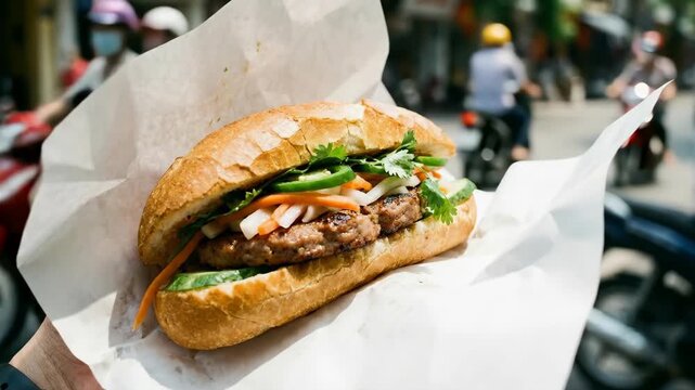 Delicious grilled burger sandwich with fresh cucumber carrot herb patty and vegetables in crusty bread held on street background